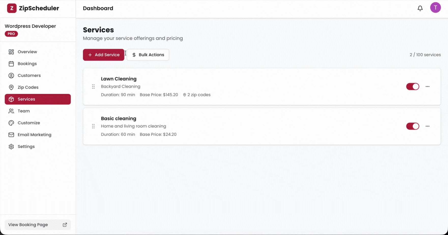 Adding a service with its own duration and price in ZipScheduler