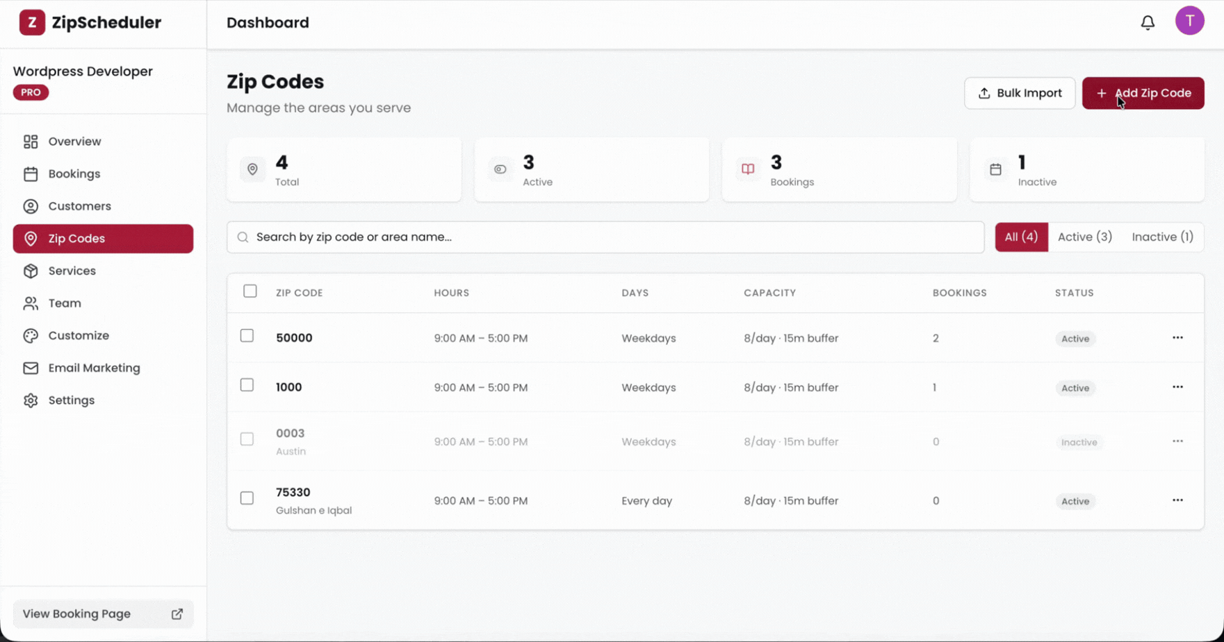 Adding zip codes to a service area in the ZipScheduler dashboard