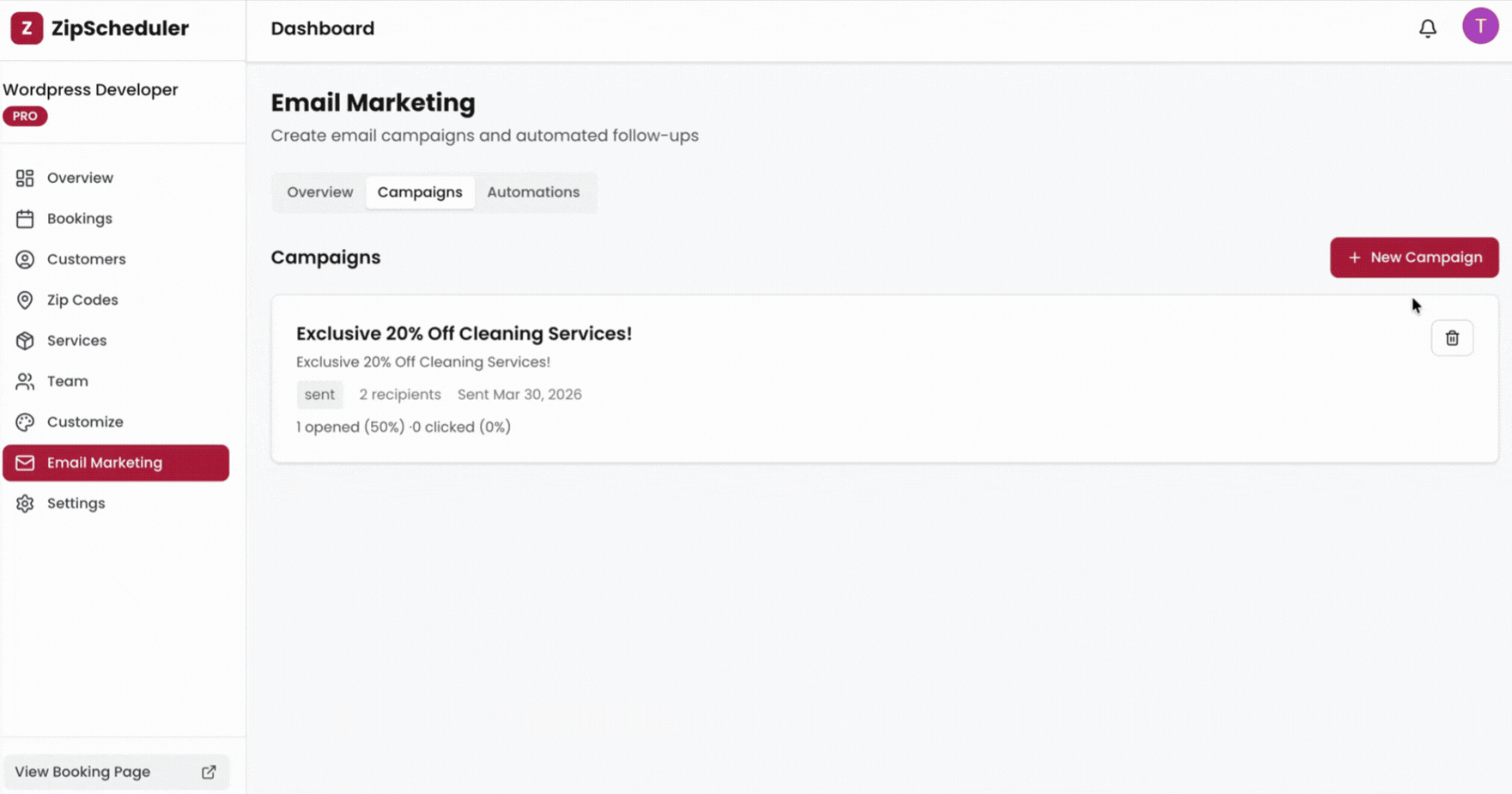 Building an email campaign in the ZipScheduler dashboard