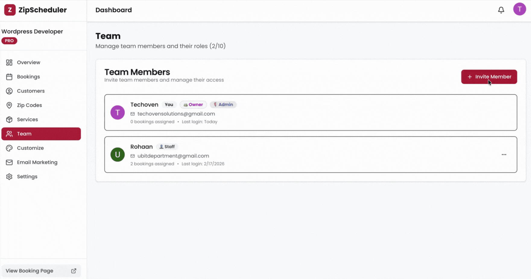 Adding and managing team members in ZipScheduler